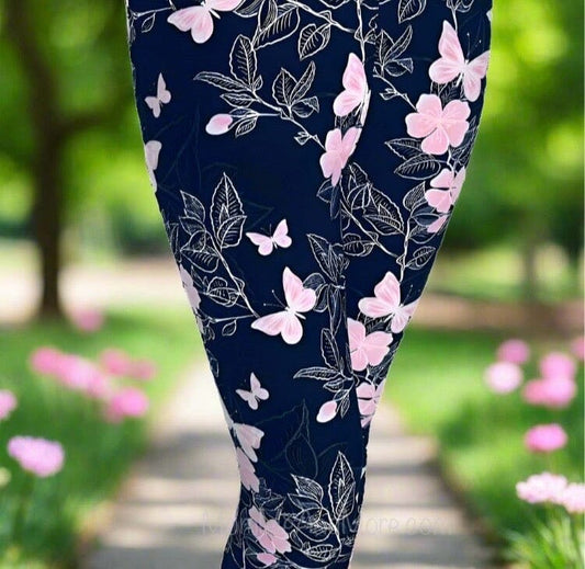 Womens Pink Butterfly Leggings, Soft Yoga Pants, Sizes 0-22, Pink/Black Leggings MomMe and More 