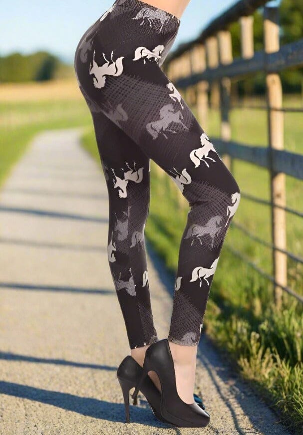 Womens Black Horse Leggings, Soft Yoga Pants, Sizes 18-22, No-Roll Waist, Black/White Leggings MomMe and More 