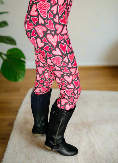 Womens Valentines Day Leggings, Doodle Hearts Print Soft Yoga Pants, Sizes OS/TC/TC2, Black/Pink, Exclusive Leggings Leggings MomMe and More 