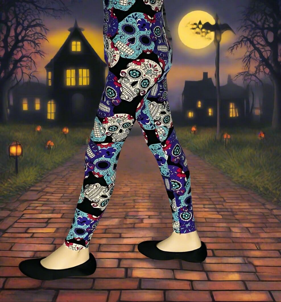 Girls Halloween Skull Leggings, Kids Yoga Pants, Sizes S/L, No-Roll Waist, Purple/Blue Leggings MomMe and More 