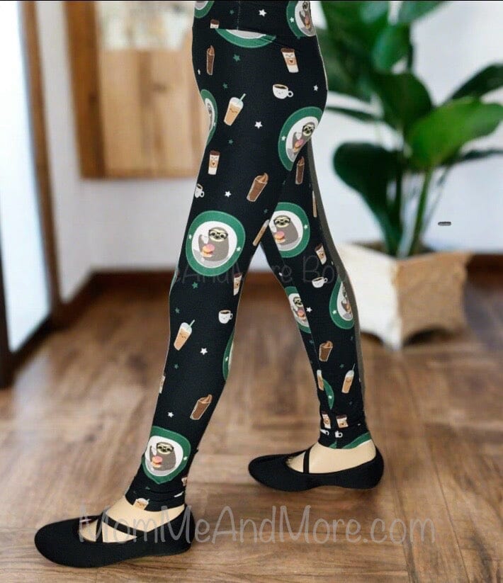 Girls Sloth Coffee Leggings MomMe And More Boutique MomMe and More