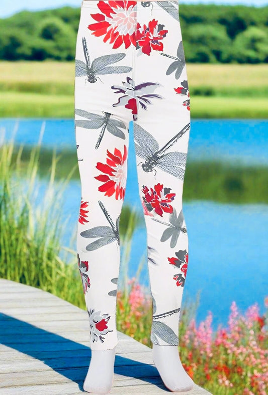 Girls Floral Dragonfly Leggings, Kids Yoga Pants, Sizes S/L, No-Roll Waist, White/Red/Purple Leggings MomMe and More S White/Gray 