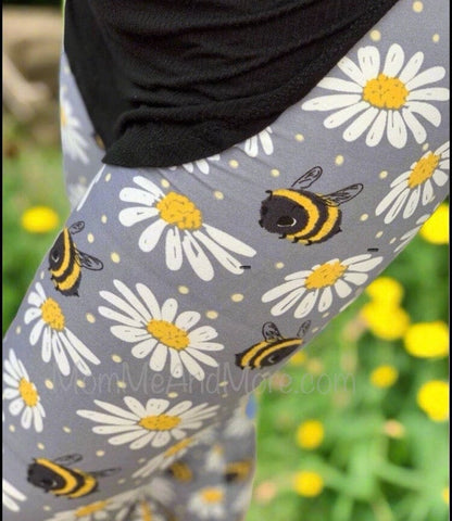 Womens Daisy Bee Leggings, Soft Yoga Pants, Sizes 0-22, Gray/Yellow Leggings MomMe and More 
