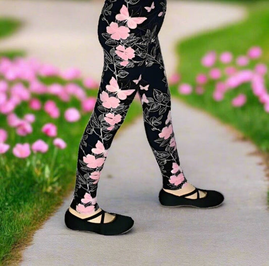 Girls Pink Butterfly Leggings, Kids Yoga Pants, Sizes S/L, Black/Pink Leggings MomMe and More 