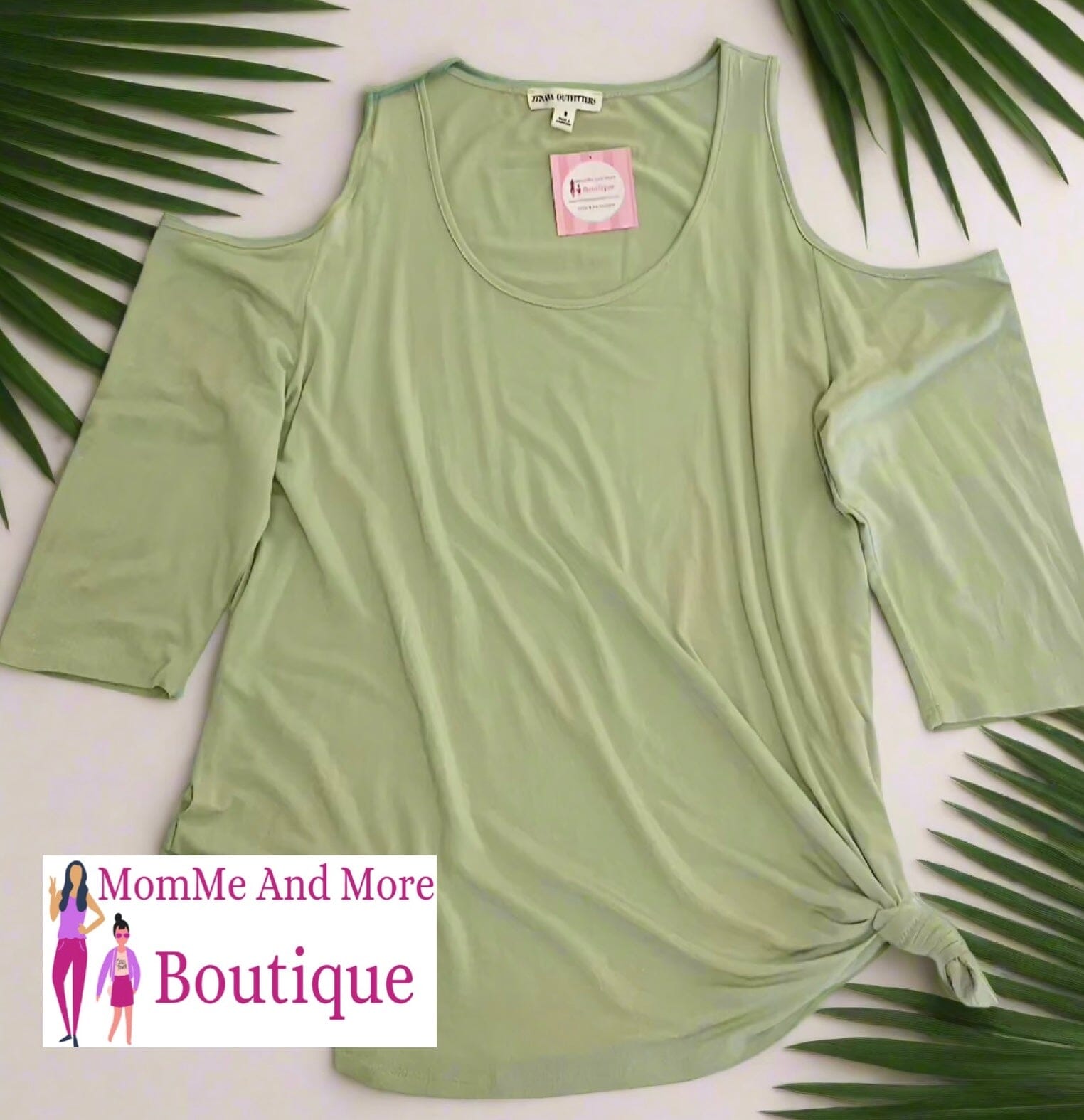 Womens Green Cold Shoulder Top, 3/4 Sleeve Shirt, Sizes S/M/L, Mint Green Tops MomMe and More 