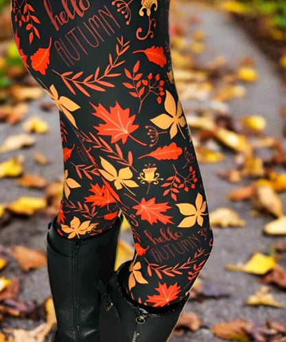 Womens Fall Leaf Hello Autumn Leggings, Soft Yoga Pants, Sizes 0-22, Black/Orange Leggings MomMe and More 