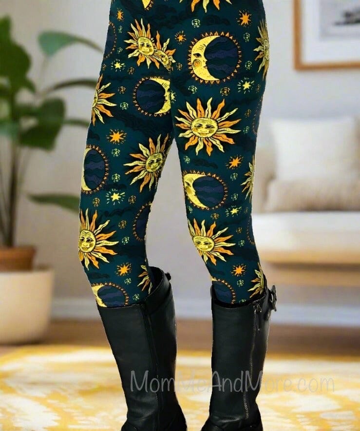 Womens Sun Moon Star Leggings, Soft Yoga Pants, Sizes 18-22, Blue/Yellow Leggings MomMe and More 