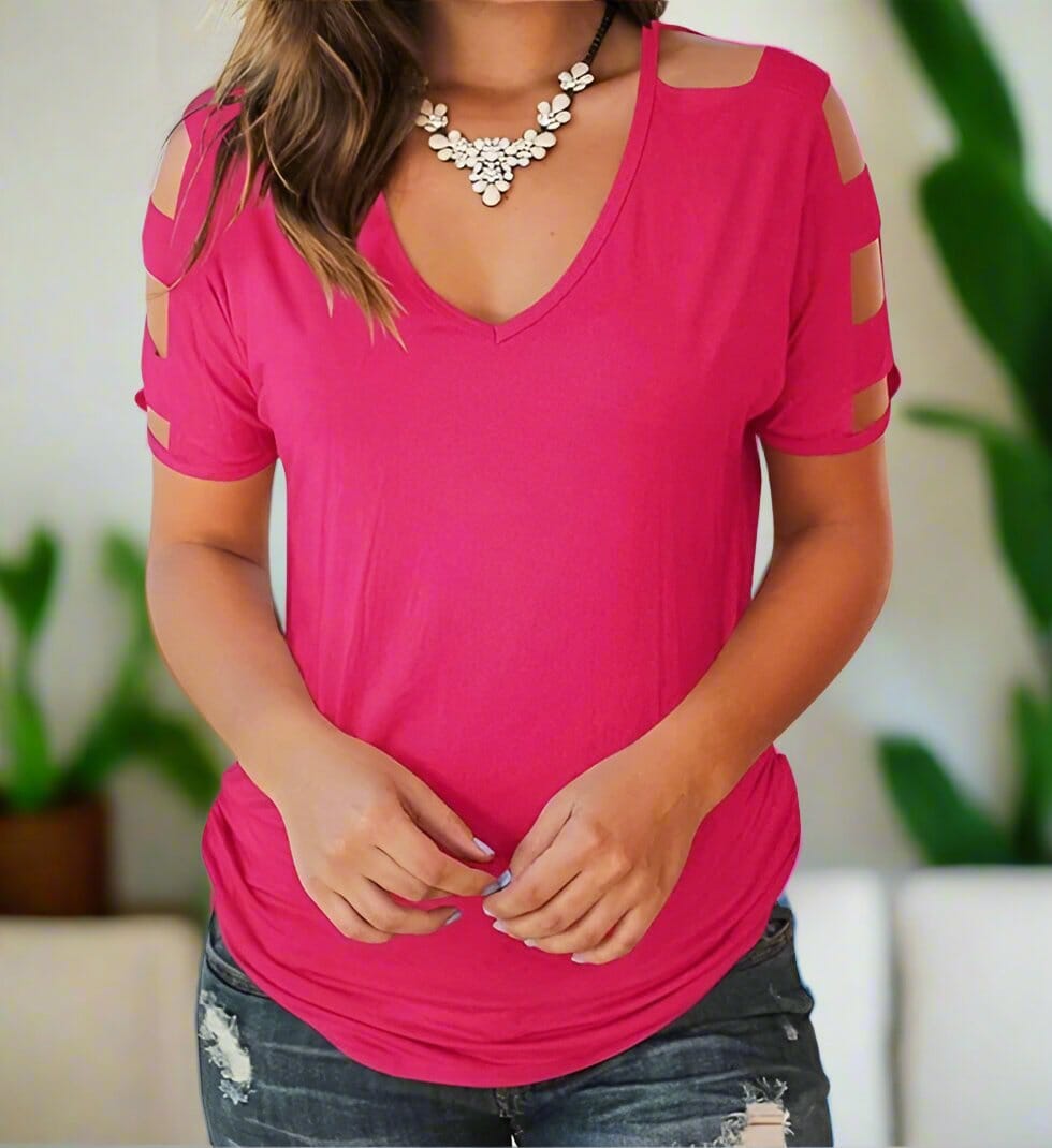 Womens Pink Cold Shoulder Shirt, Cut Out Sleeves, V-Neck Top, Plus Sizes 1xl/2xl/3xl, Fuchsia Pink Tops MomMe and More 