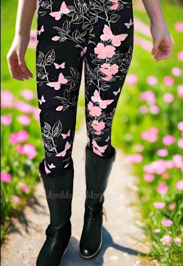 Womens Pink Butterfly Leggings, Soft Yoga Pants, Sizes 0-22, Pink/Black Leggings MomMe and More 