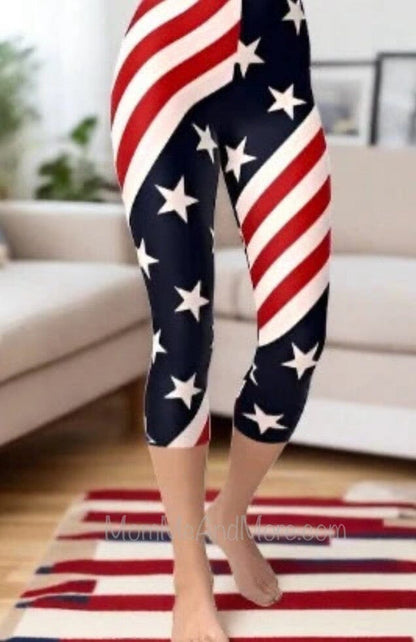 Womens Patriotic 4th of July American Flag Capri Leggings Soft Yoga Pants Sizes 0-18 Leggings MomMe and More 