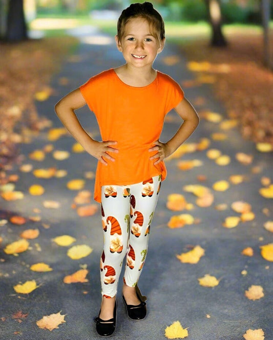 Girls Fall Gnome Pumpkin Leggings Kids Yoga Pants Gray/Orange Sizes S/L Leggings MomMe and More 
