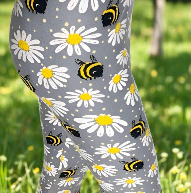 Womens Daisy Bee Capri Leggings, Soft Yoga Pants, Sizes 0-18, No-Roll Waist, Gray/Yellow Leggings MomMe and More 