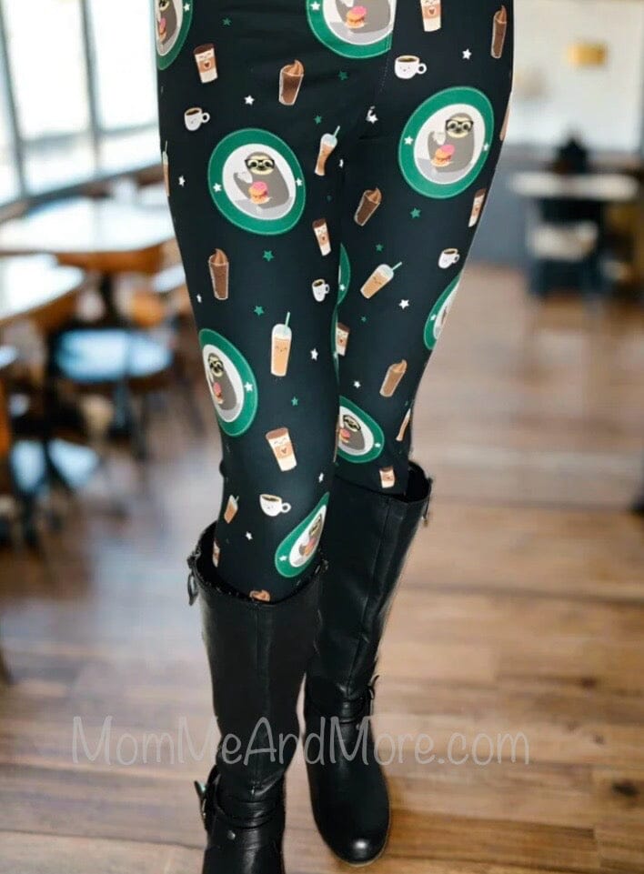 Womens Coffee Sloth Leggings OS TC MomMe And More Boutique MomMe and More