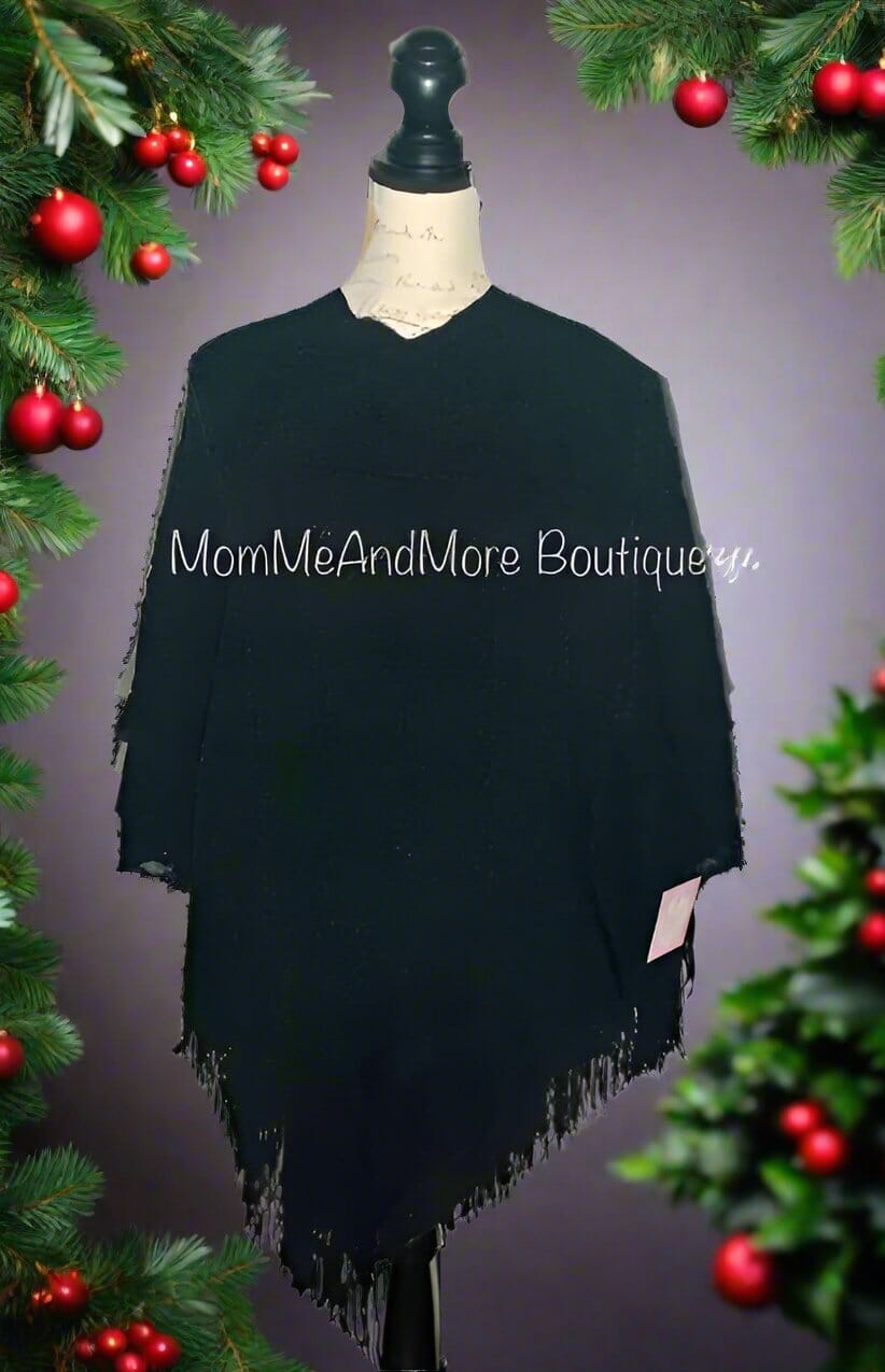 Womens Fringed Sweater Poncho, Pull Over Poncho, Cozy Sweater Shawl, Size OS, Solid Black poncho MomMe and More 