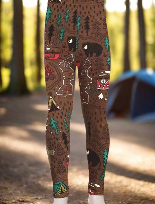 Girls Camper Bear Owl Leggings, Kids Yoga Pants, Sizes S/L, No-Roll Waist, Brown Leggings MomMe and More 