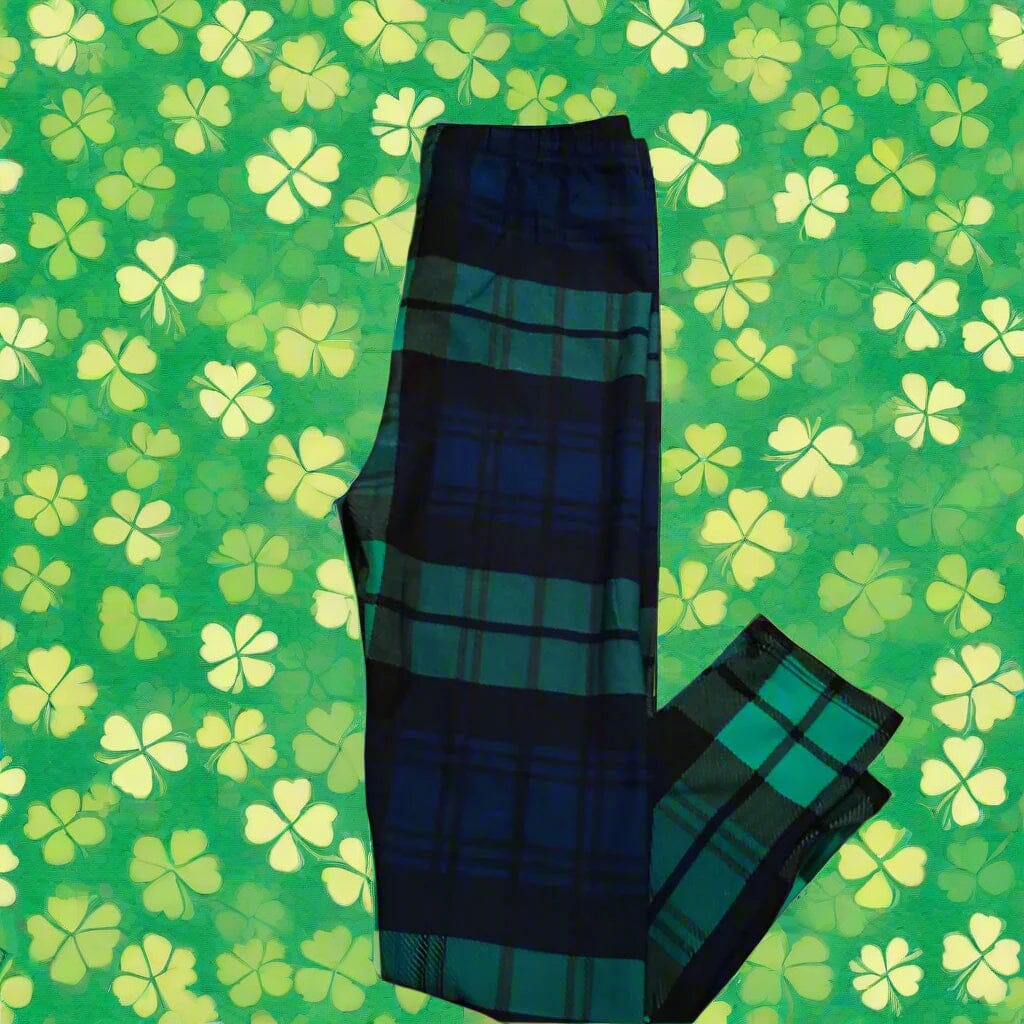 Girls St. Patrick Day Green Plaid Leggings, Kids Yoga Pants, Sizes S/L, No-Roll Waist, Green/Blue Leggings MomMe and More 