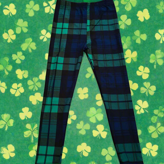 Girls St. Patrick Day Green Plaid Leggings, Kids Yoga Pants, Sizes S/L, No-Roll Waist, Green/Blue Leggings MomMe and More 