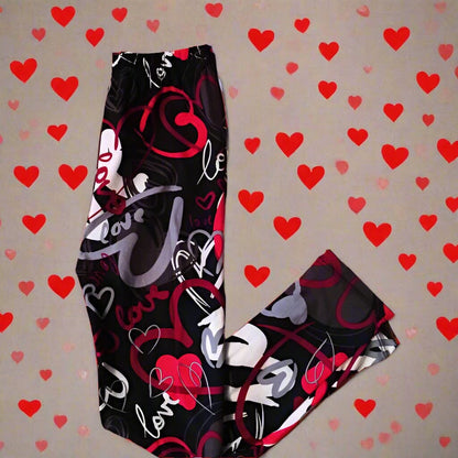 Girls Valentines Day Heart Leggings, Kids Yoga Pants, Sizes S/L, No-Roll Waist, Black/Red Leggings MomMe and More 