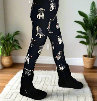 Girls Multi-Breed Small Dog Leggings, Kids Yoga Pants, izes S/L, No-Roll Waist, Black/White Leggings MomMe and More 