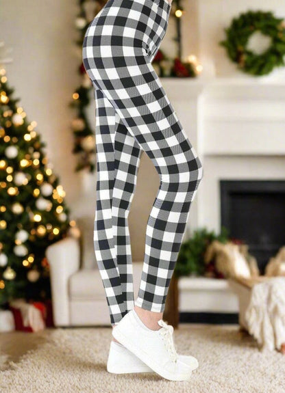 Womens Christmas Black White Plaid Leggings, Soft Yoga Pants, Sizes 18-22, No-Roll Waist, Black/White Leggings MomMe and More 