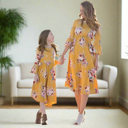 Womens Yellow Floral Long Dress, Bell Sleeve Dress, Matching Mom and Me Dresses, Sizes 4/6/8/10, Yellow/Pink dress MomMe and More 