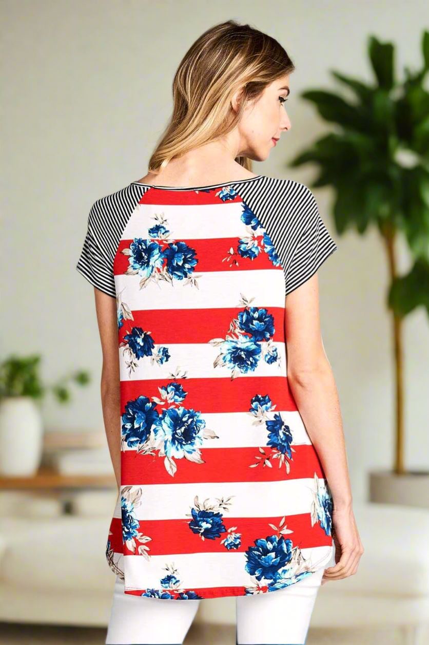 Womens Floral Striped Top, 4th of July Shirt, Sizes S/M/L, Red/White/Blue Tops MomMe and More 