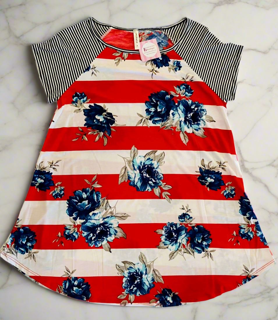 Womens Floral Striped Top, 4th of July Shirt, Sizes S/M/L, Red/White/Blue Tops MomMe and More 