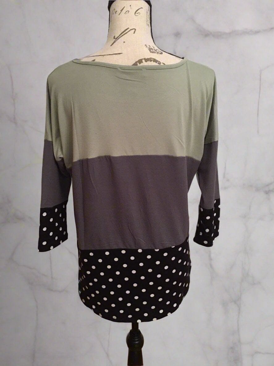 Womens Color Block Striped Shirt, Black White Dot Top, Sizes 1xl/2xl/3xl, Green/Gray/Black Tops MomMe and More 