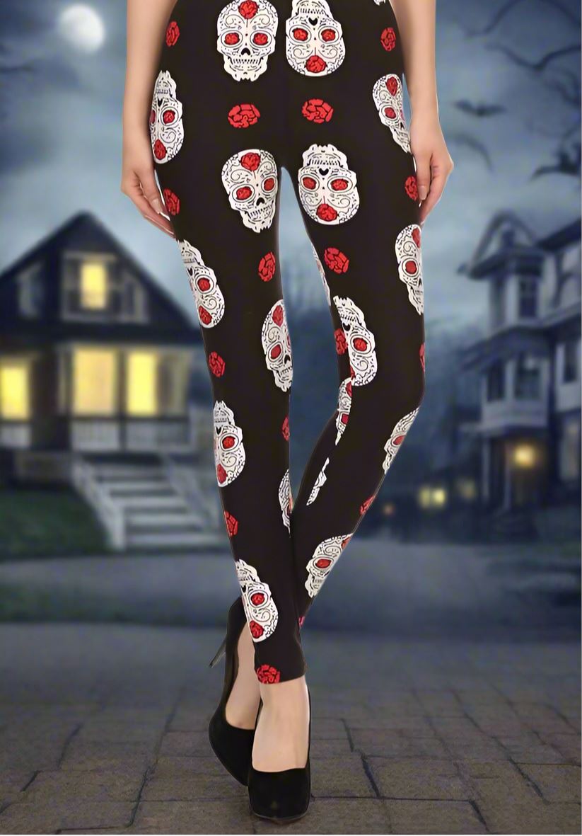 Womens Halloween Skull Rose Leggings, Kids Yoga Pants, Sizes 0-18, No-Roll Waist, Black/White Leggings MomMe and More 