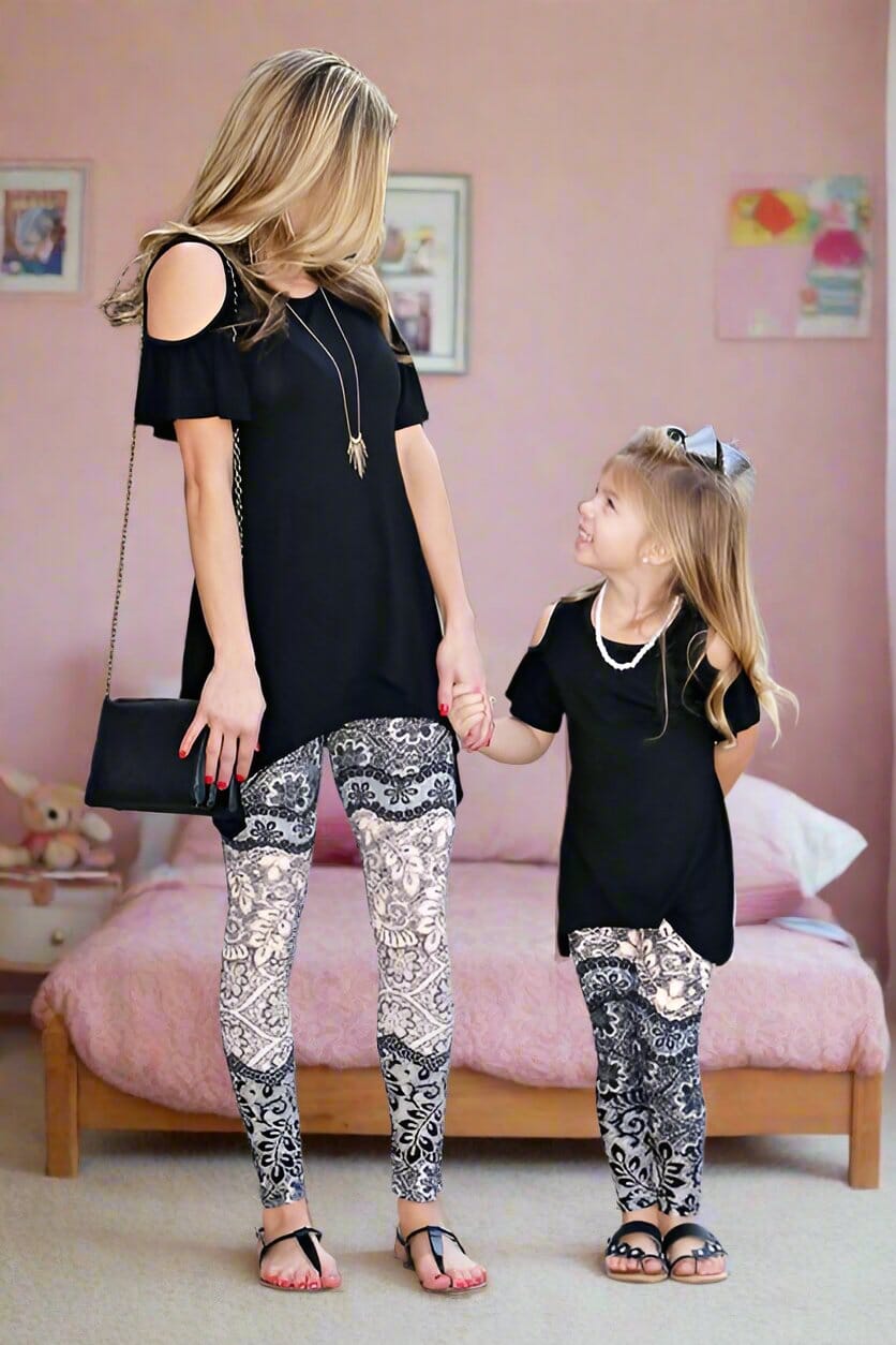 Girls Paisley Lace Leggings, Kids Yoga Pants, Sizes S/L, No-Roll Waist, Beige/Black Leggings MomMe and More 