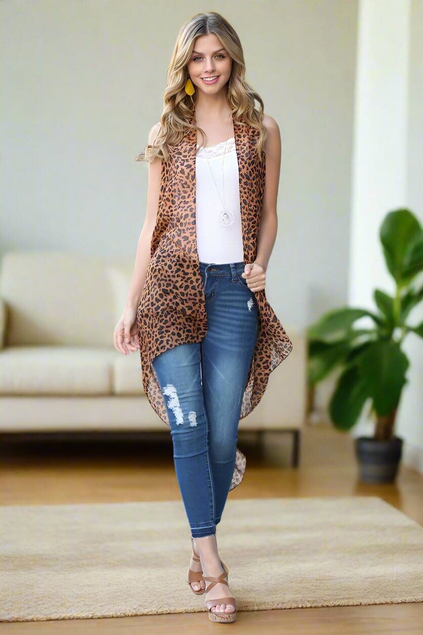 Womens Leopard Cheetah Kimono, Sleeveless Vest, Open Front Cardigan, One Size, Brown/Black Cardigan MomMe and More 