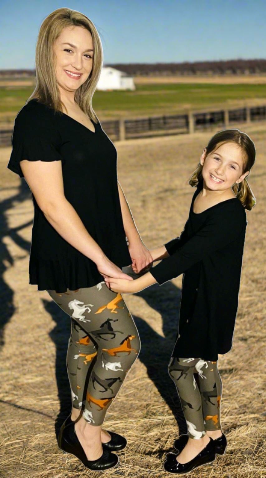 Girls Horse Leggings Kids Yoga Pants Brown/Gray Sizes S/L Leggings MomMe and More 