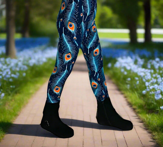 Girls Peacock Leggings, Kids Yoga Pants, Sizes S/L, No-Roll Waist, Blue/Orange Leggings MomMe and More 