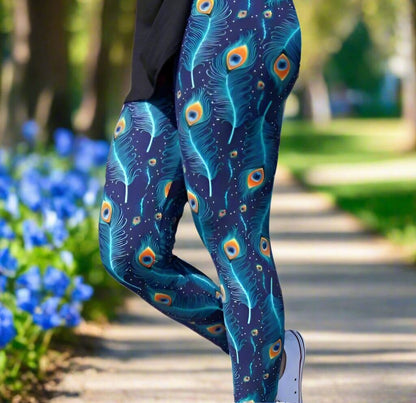 Womens Peacock Leggings, Soft Yoga Pants, Sizes 0-18, Blue/Orange, No-Roll Waist Leggings MomMe and More 