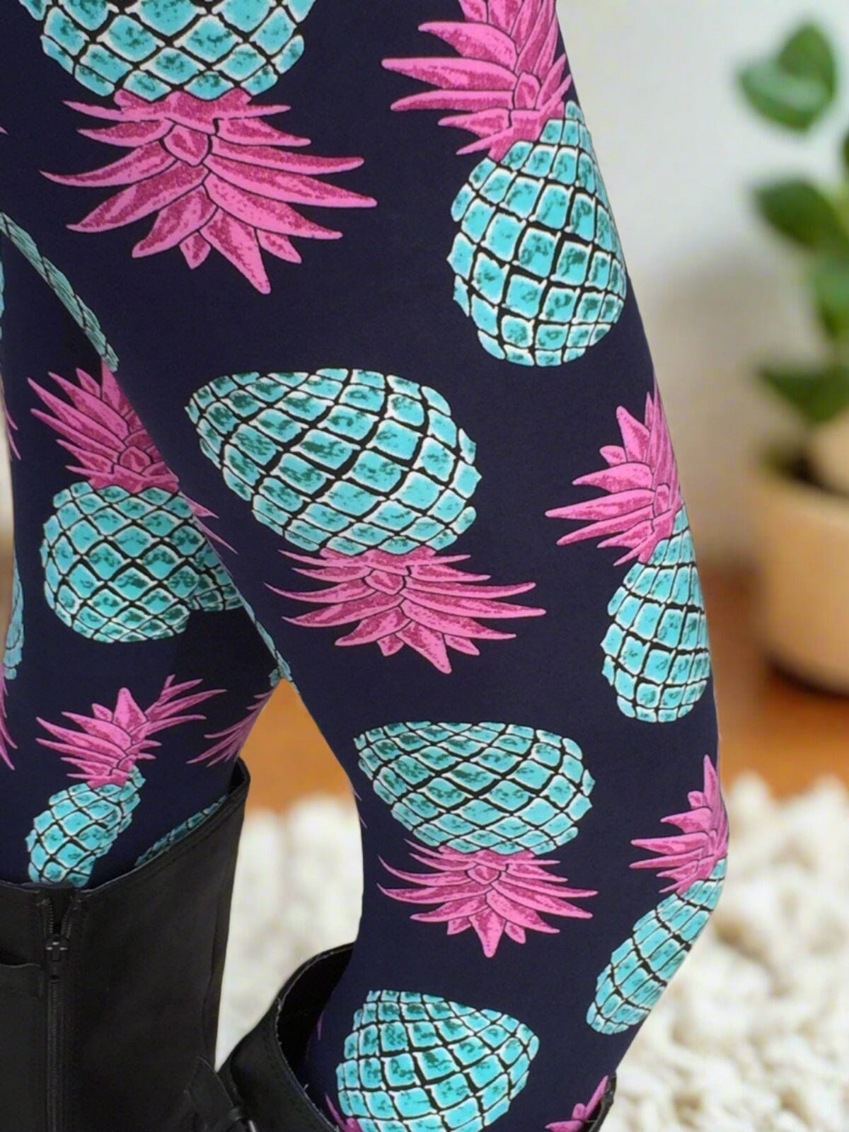 Womens Pineapple Leggings, Soft Yoga Pants, Sizes 0-10, No-Roll Waistband, Blue/Pink Leggings MomMe and More 