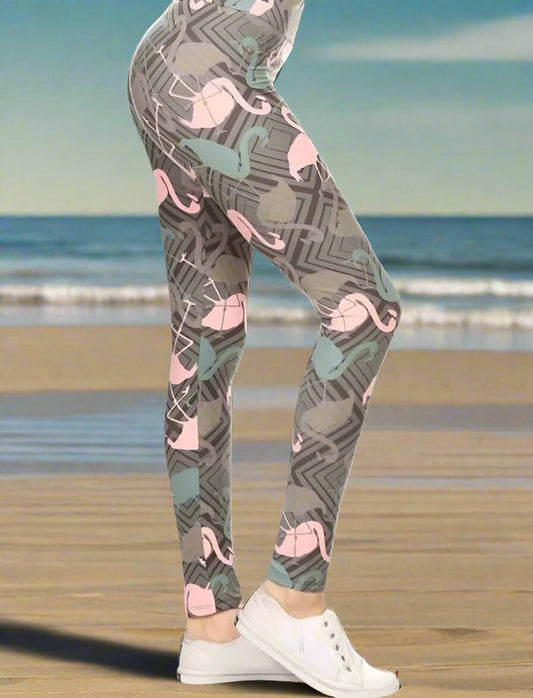 Womens Flamingo Leggings, Soft Yoga Pants, Sizes 0-20, Yoga Waist, Gray/Pink Leggings MomMe and More 