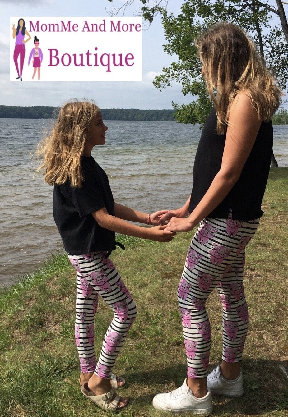 Girls Pig Leggings, Kids Yoga Pants, Sizes S/L, Yoga Waist, Pink/White/Black, Exclusive Leggings Leggings MomMe and More 