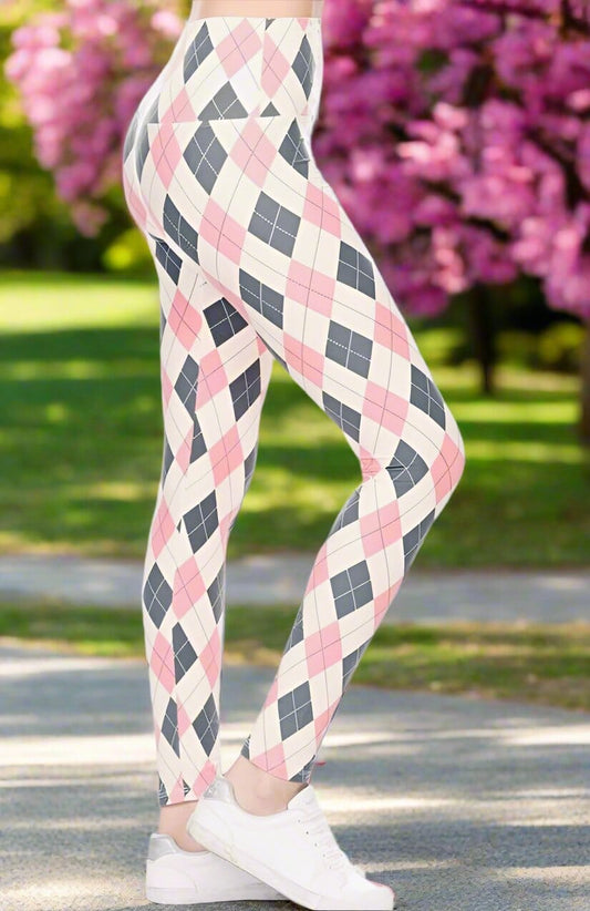 Womens Argyle Leggings, Soft Yoga Pants, Sizes 0-20, Yoga Waist, Pink/Gray Leggings MomMe and More 