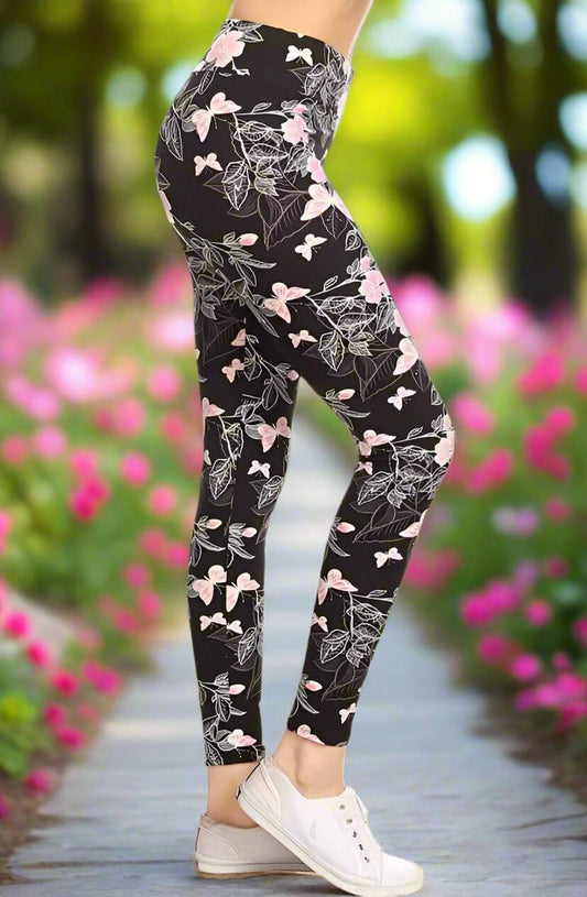 Womens Pink Butterfly Leggings, Soft Yoga Pants, Sizes 0-20, Yoga Waist, Pink/Black Leggings MomMe and More 