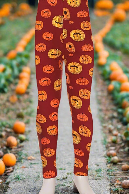 Girls Pumpkin Leggings, Kids Yoga Pants, Sizes S/L, No-Roll Waist, Orange/Black Leggings MomMe and More 