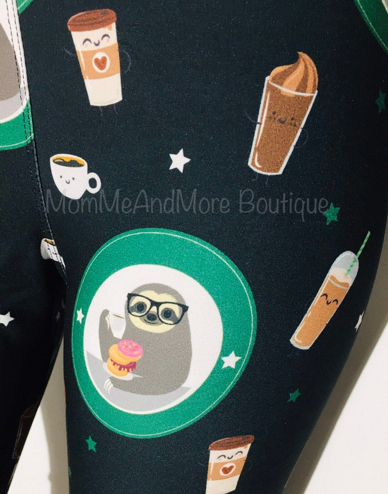 Girls Sloth Coffee Donut Leggings, Kids Yoga Pants, Sizes S/L, Yoga Waist, Black/Green, Exclusive Leggings Leggings MomMe and More 