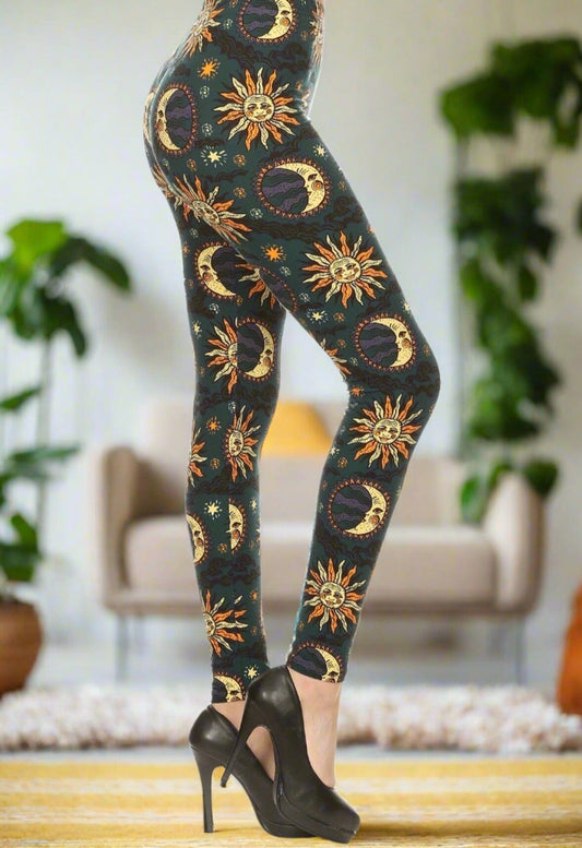 Womens Sun Moon Star Leggings, Soft Yoga Pants, Sizes 18-22, No-Roll Waist, Blue/Yellow Leggings MomMe and More 