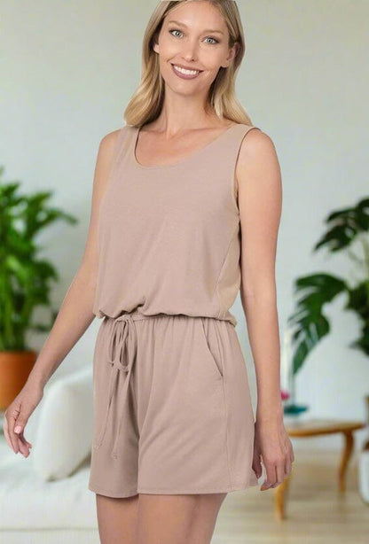 Womens Beige Shorts Romper, Summer Tank Top Jumpsuit, Sizes S/M/L/XL, Solid Beige Jumpsuit MomMe and More 