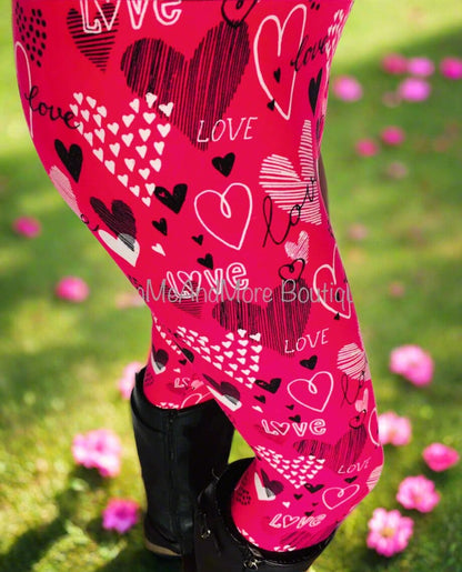 Womens Valentines Day Leggings, Pink Heart Leggings, Soft Yoga Pants, Sizes 0-20, Yoga Waist, Pink/Black Leggings MomMe and More 