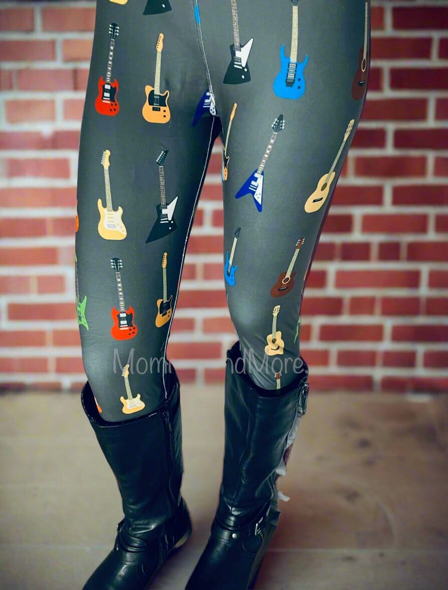 Womens Guitar Print Leggings, Soft Yoga Pants, Sizes 0-22, Yoga Waist, Gray/Multi, Exclusive Leggings Leggings MomMe and More 