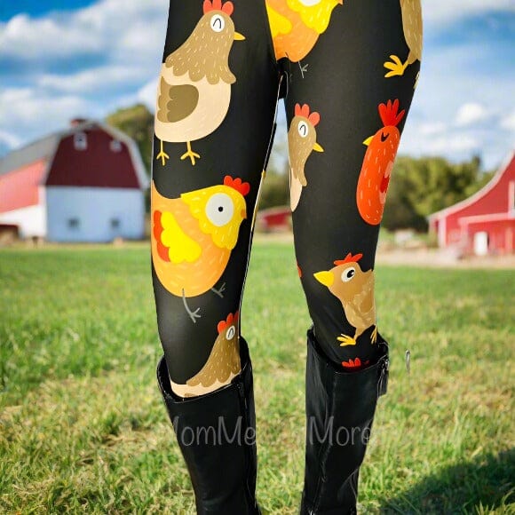 Womens Chicken Rooster Leggings, Soft Yoga Pants, Sizes 0-22, Yoga Waist, Black/Yellow, Exclusive Leggings Leggings MomMe and More 