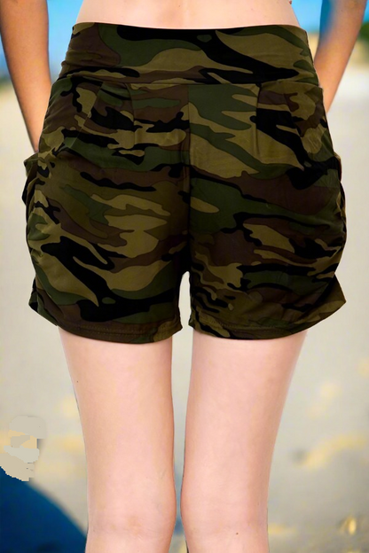 Womens Green Camo Shorts, Harem Pocket Shorts, Size S/M/L Camouflage