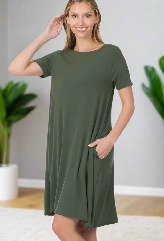 Womens Olive Green Pocket Dress, Short Sleeve Shift Dress, Sizes S-3xl, Solid Green dress MomMe and More 