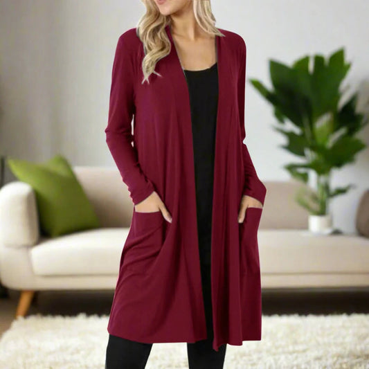 Womens Maroon Cardigan, Long Pocket Duster, Sizes S/M/L/XL, Solid Maroon Cardigan MomMe and More 