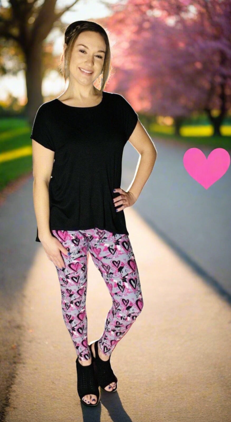 Womens Valentines Day Heart Leggings, Soft Yoga Pants, Sizes 0-18, Pink/Gray, No-Roll Waist Leggings MomMe and More 